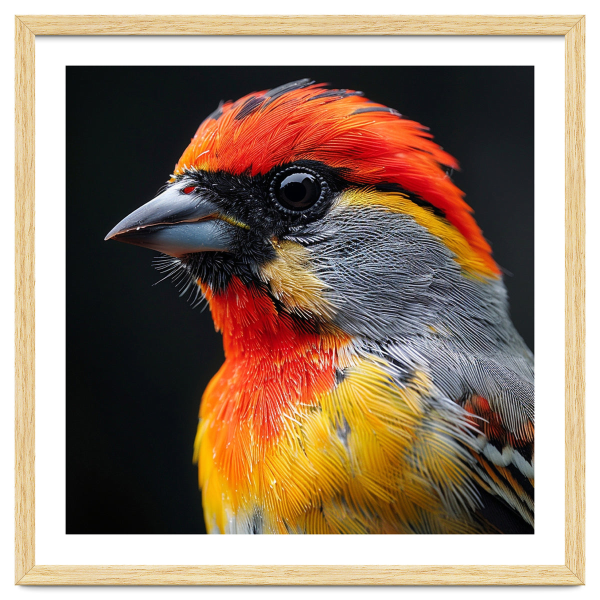 Close Up Of Colorful Bird With Red Orange Yellow Feathers