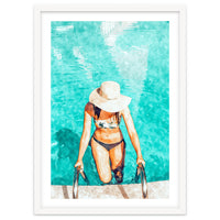 Pool Fashion | Modern Bohemian Woman Swim Watercolor Painting | Contemporary Travel