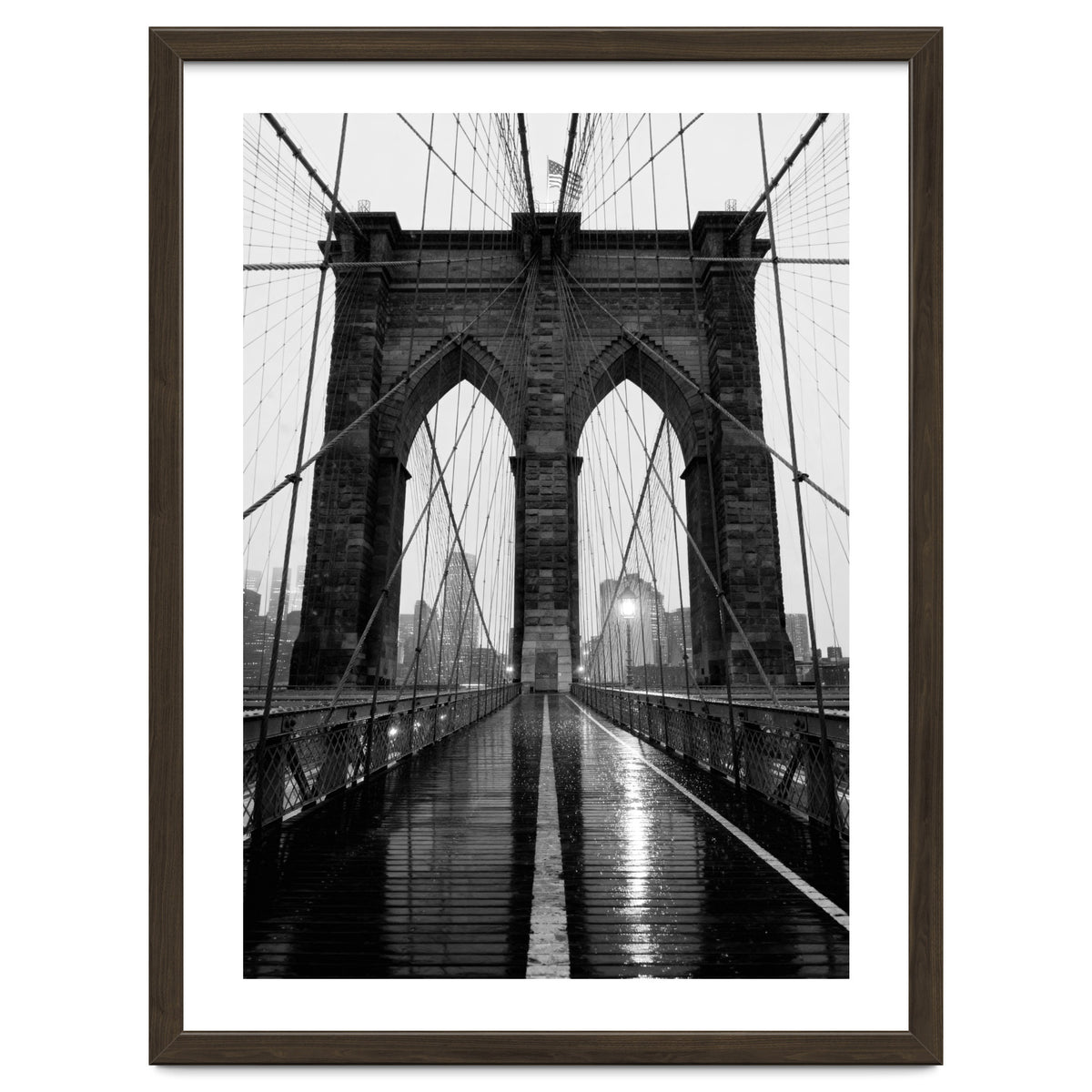 Brooklyn Bridge Black and White, Moody NYC Architecture, Rainy Urban Photography