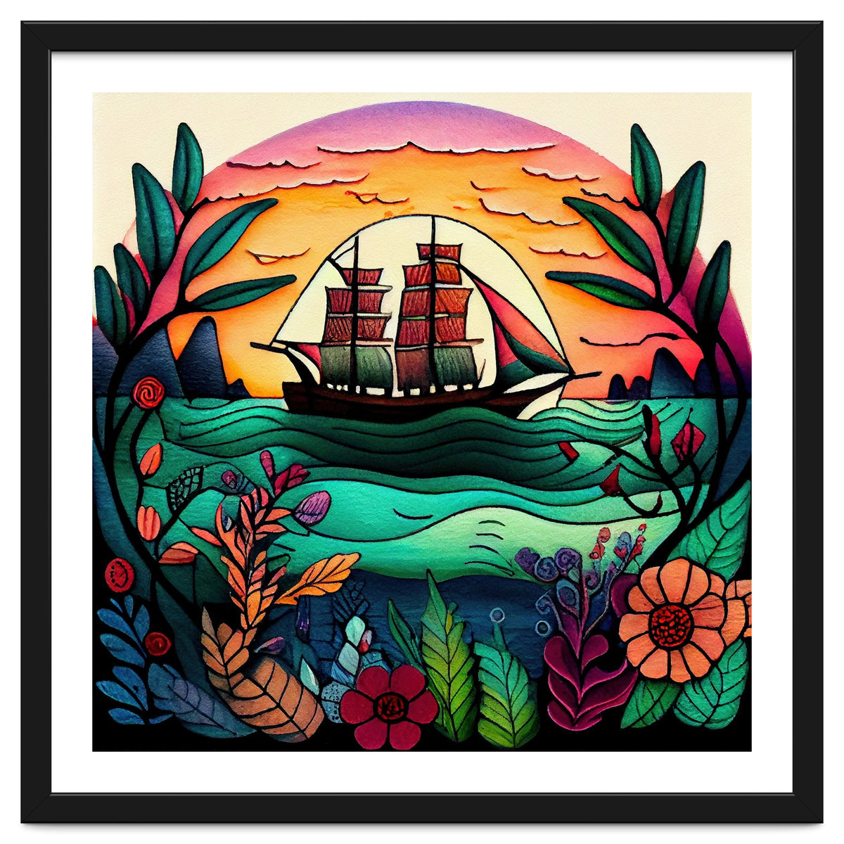 Folk Sunset Sailing Ship