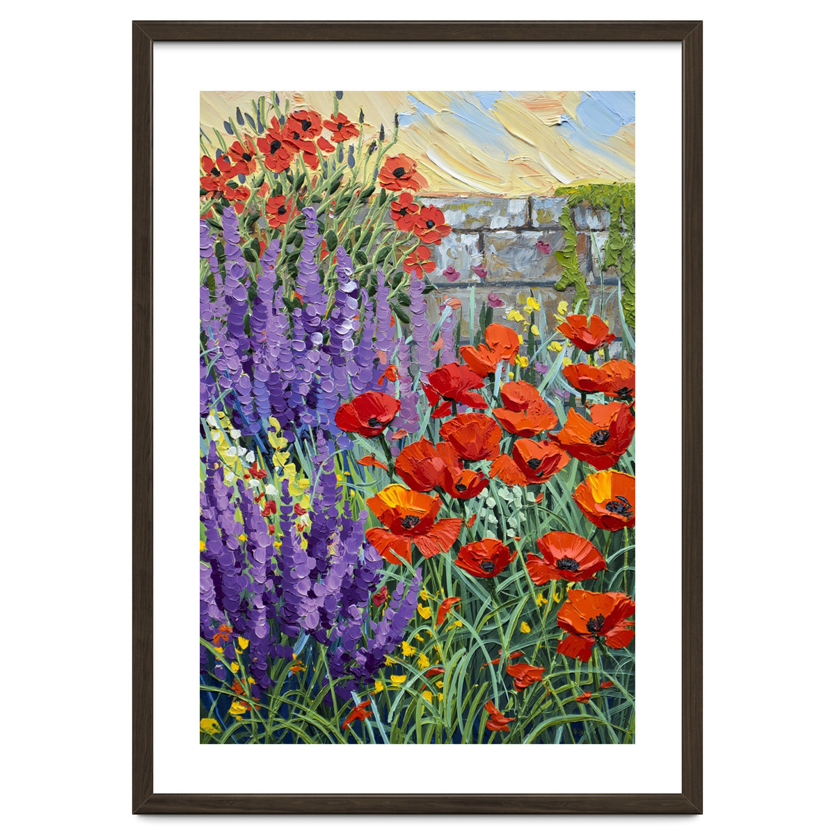 Vibrant Summer Poppy and Lavender Garden Oil Painting