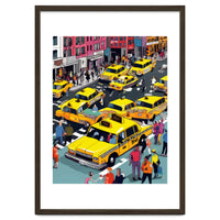 New York Minute, Yellow Taxi Cab Manhattan Downtown Busy Street, Traffic People Buildings Times Square Eclectic Road Architecture