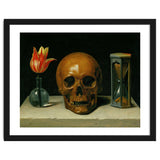 Vanitas, allegory of fleeting time with skull and hour-glass. Oil on canvas. thumbnail