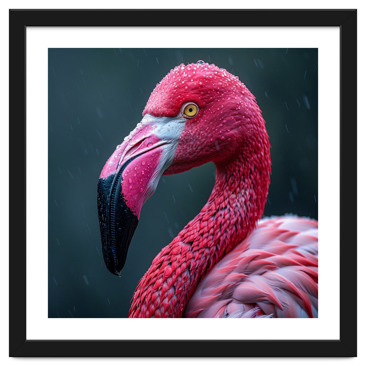 Close Up Pink Flamingo In Rain Drops
