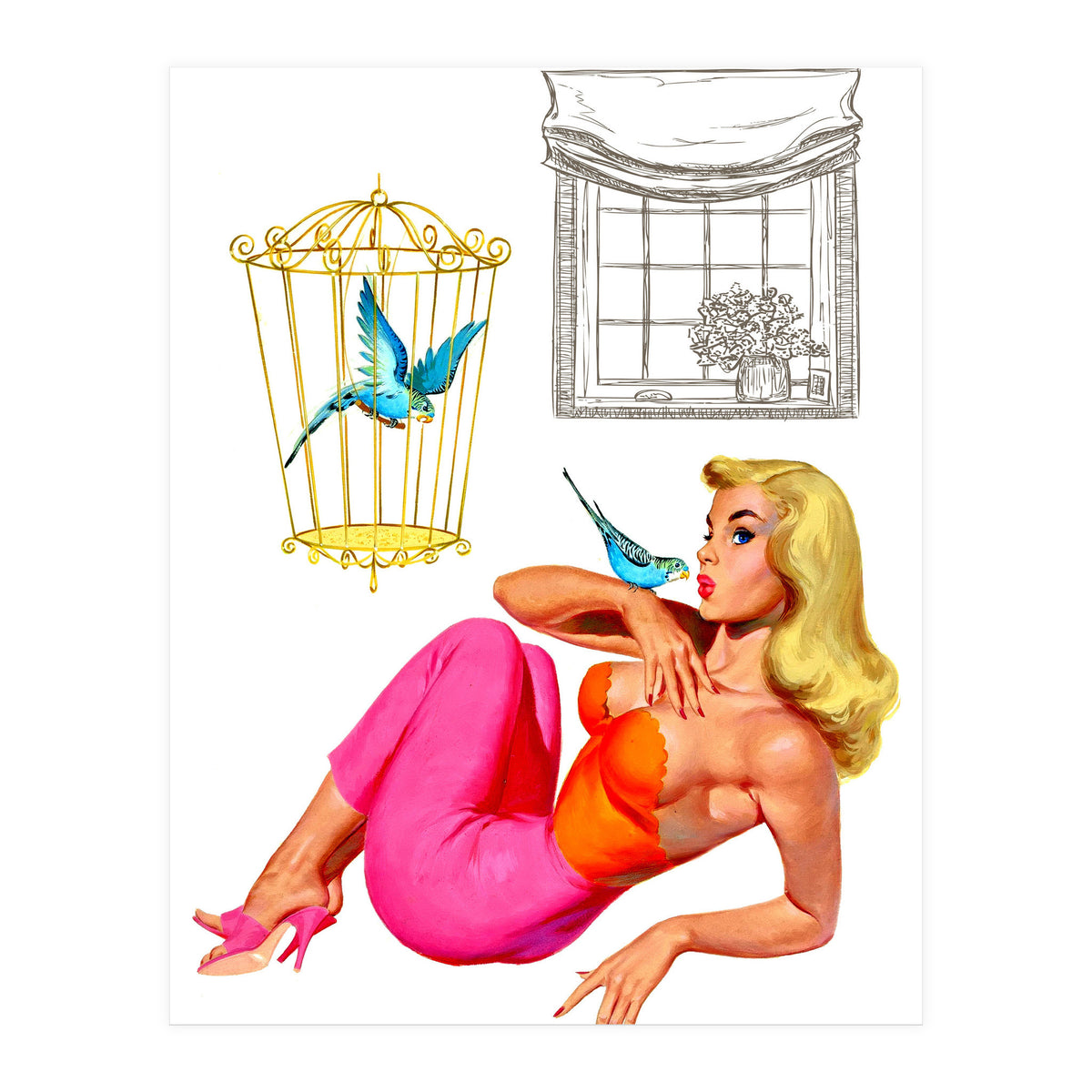 Pinup Girl With Two Birds (Print Only)