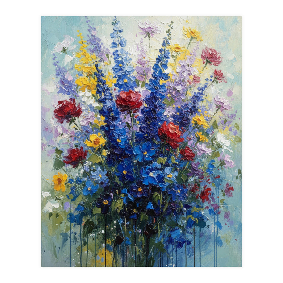 Vibrant Blue Delphinium and Red Rose Heavy Impasto Oil Painting (Print Only)