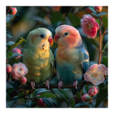 Two Lovebirds Perched On A Branch Near Flowers (Print Only) thumbnail