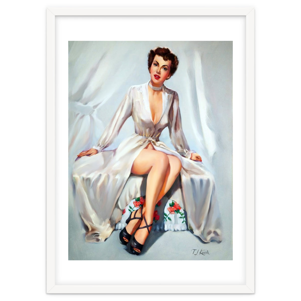 Beautiful Sexy Pinup In Posing Long White Dress