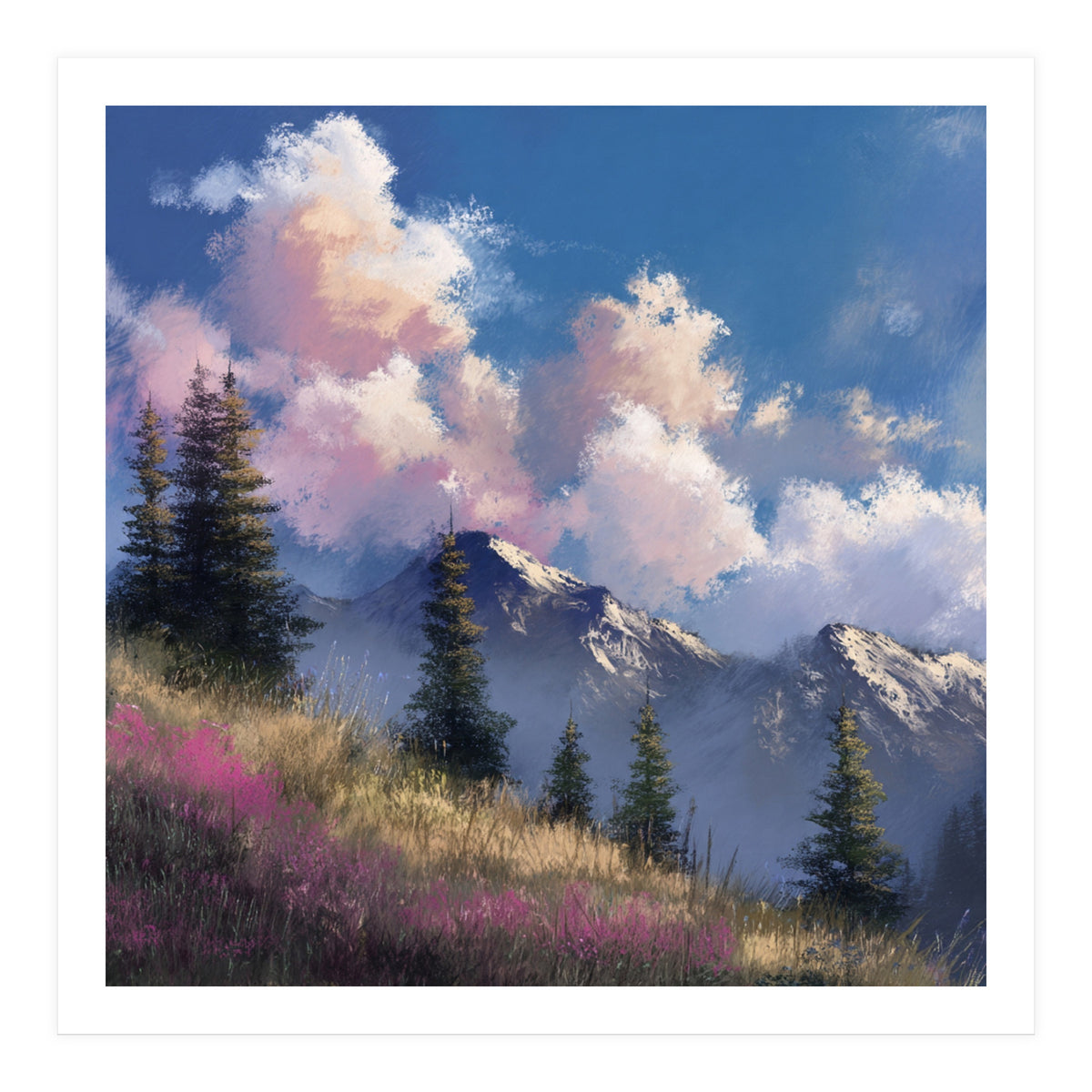 Alpine Summer Meadow with Vibrant Wildflowers and Snow (Print Only)