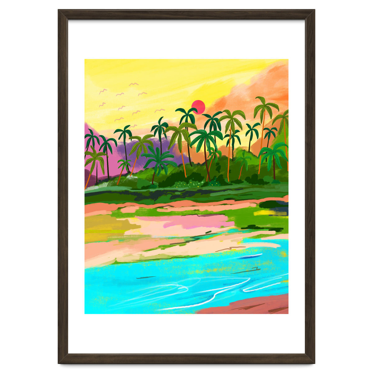 Tropical Backwaters Of Kerala, Nature Jungle Forest Landscape Painting, Dreamy Scenic Travel Lake Palm Bohemian