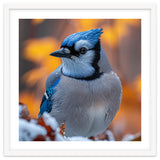 Blue Jay Bird In Winter Snowfall And Leaves thumbnail