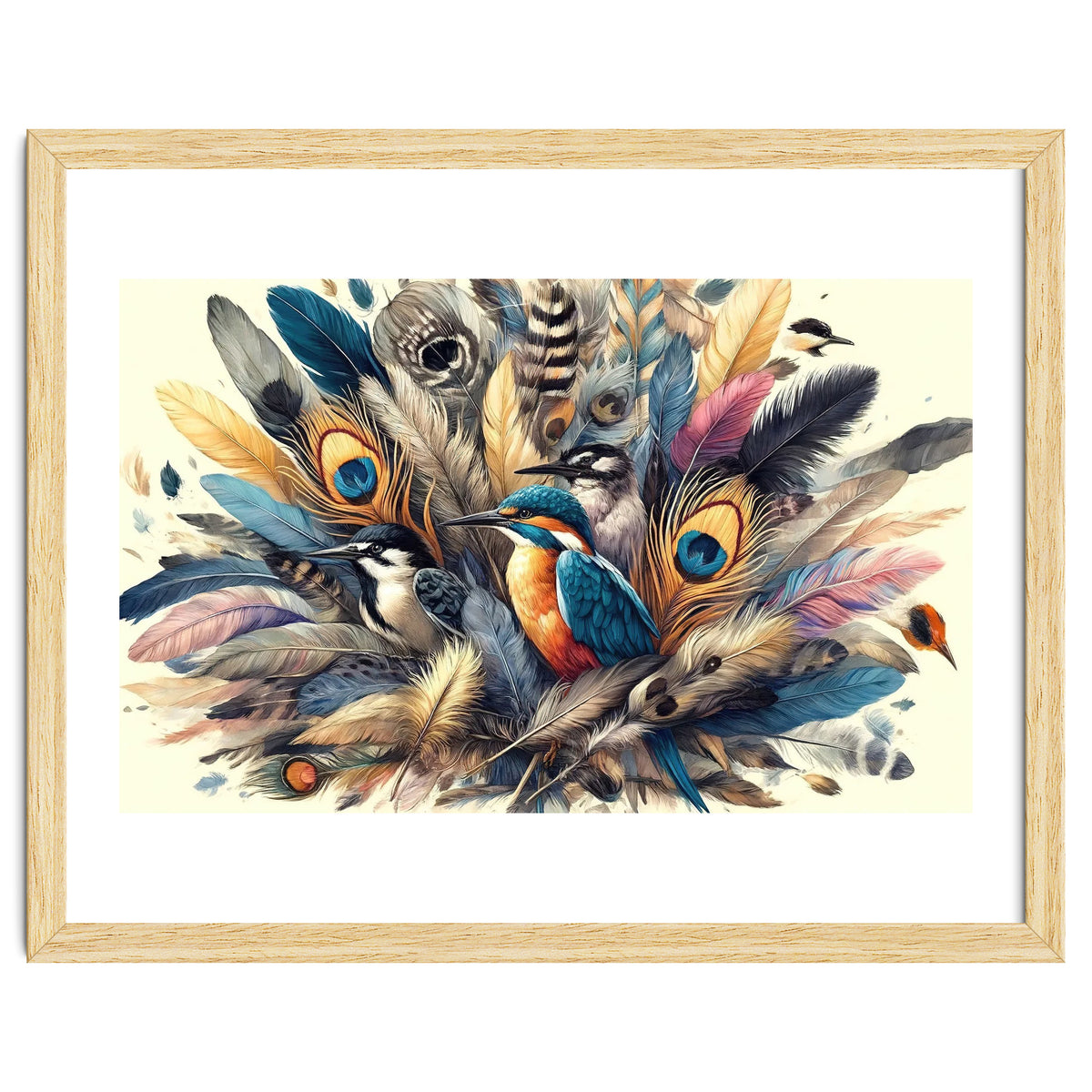 Kingfisher And Songbirds In Peacock Feathers