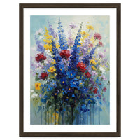 Vibrant Blue Delphinium and Red Rose Heavy Impasto Oil Painting