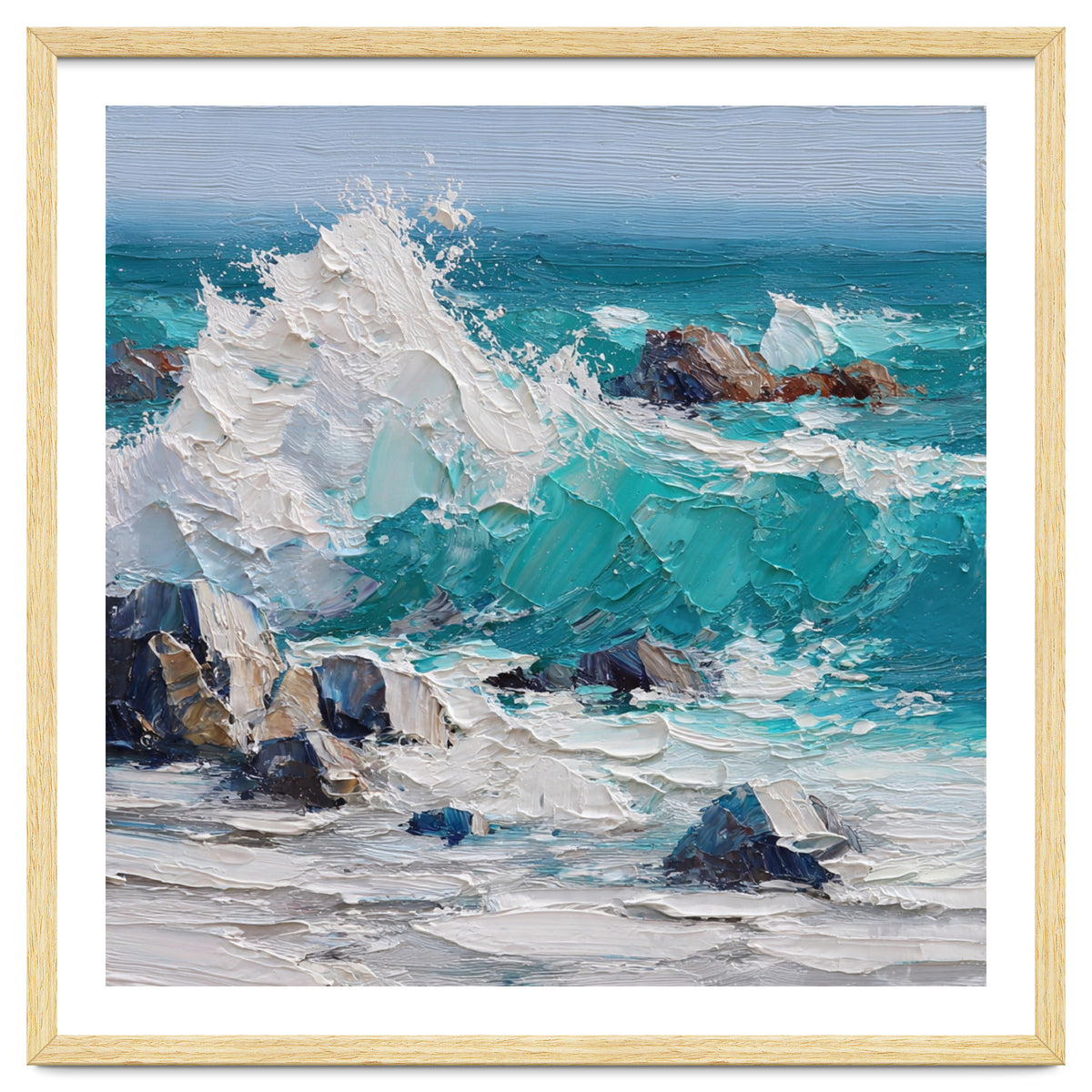 Dynamic Crashing Turquoise Ocean Wave Against Rugged Coastal Rocks