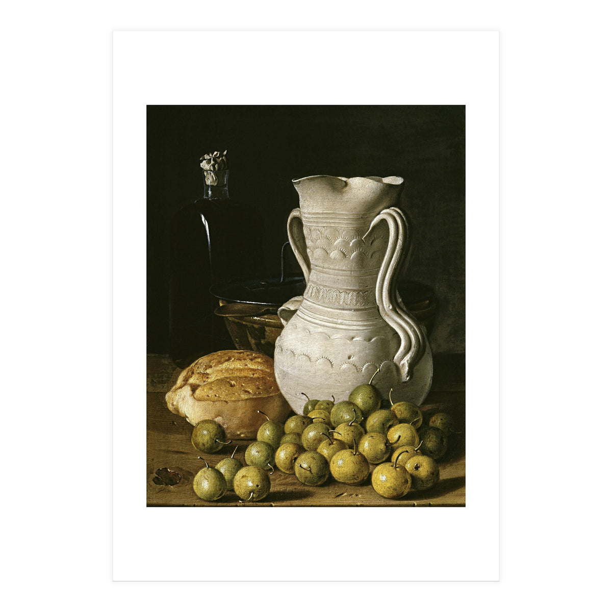 Luis Egidio Meléndez: 'Still Life with Small Pears, Bread, White Pitcher, Glass Bottle, and.., 1760. (Print Only)