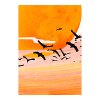 Time Flies, Birds Wildlife Fly Freedom Nature, Sun Sunset Sunrise Positivity Hope Painting, Growth Migrate Gift Animals Blush Sky Bohemian (Print Only)