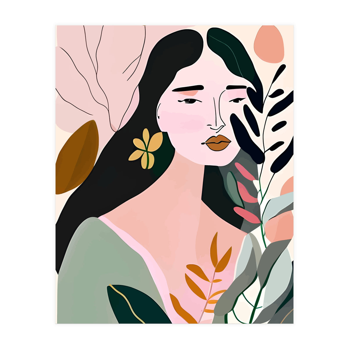 Reinvent, Beautiful Woman Girl Pastel Line Art, Minimal Botanical Nature Portrait, Modern Bohemian Drawing Nomadic Summer Self Love (Print Only)