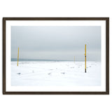 Seagulls in between the volleyball poles in winter snow beach thumbnail