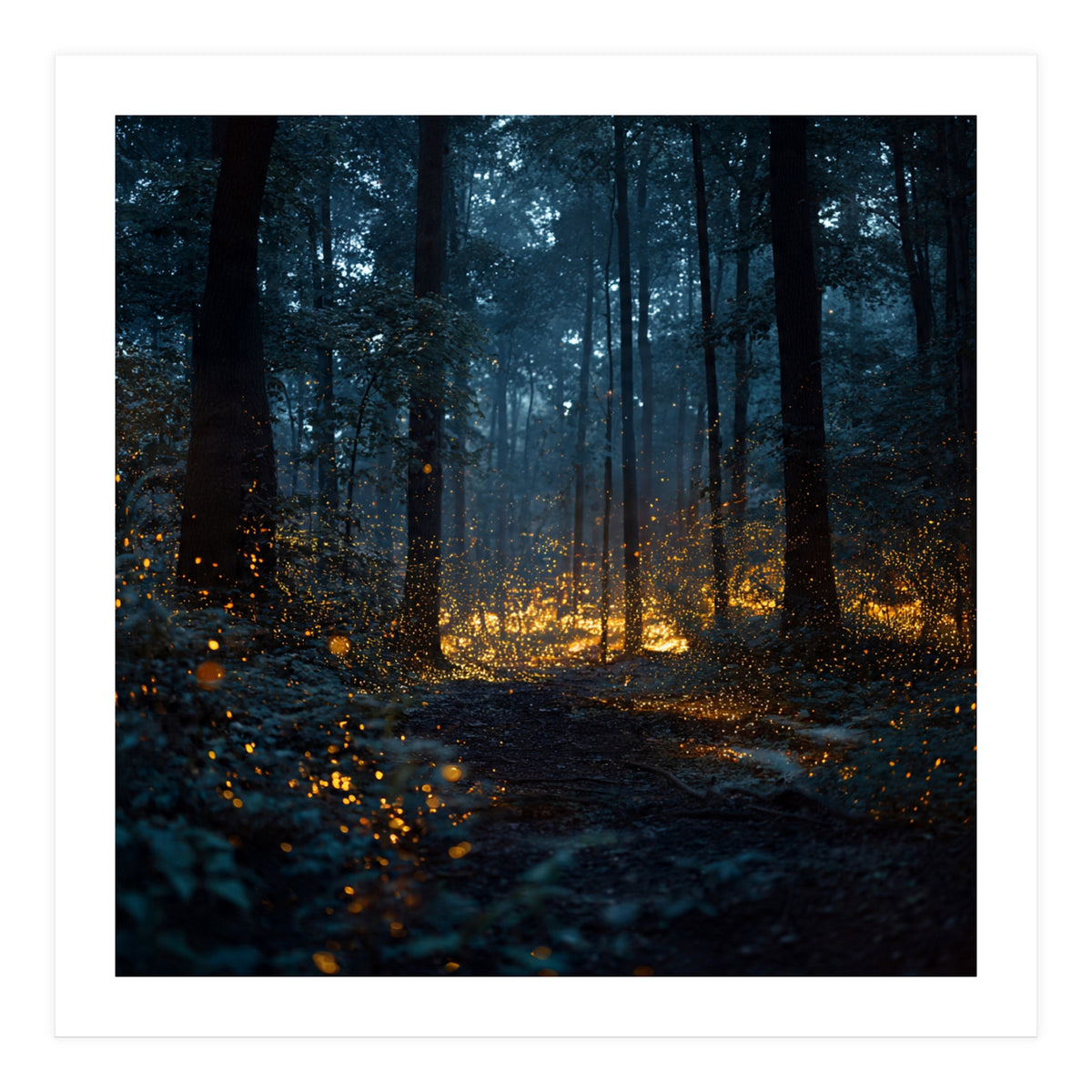 Enchanted Midnight Forest with Glowing Fireflies (Print Only)