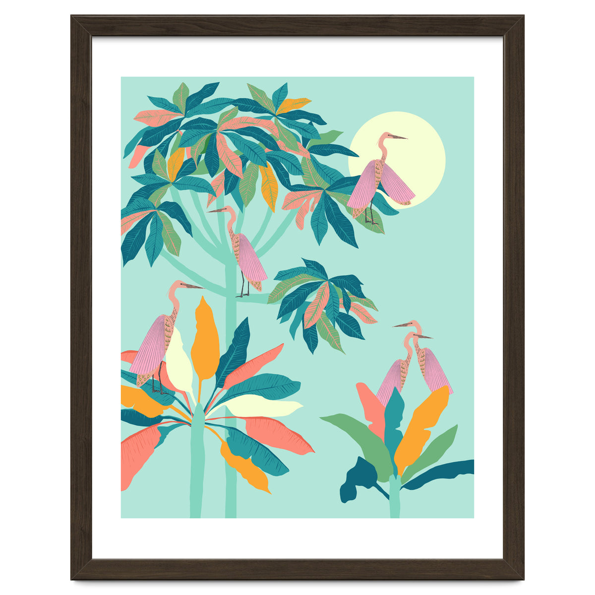 Drawn To The Moon, Stork Heron Flamingo Birds, Tropical Pastel Wildlife Forest Nature, Animals Jungle Bohemian Eclectic Fly