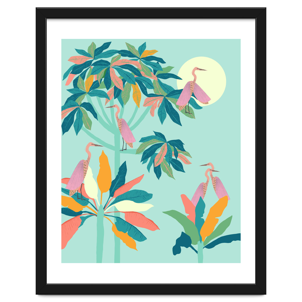 Drawn To The Moon, Stork Heron Flamingo Birds, Tropical Pastel Wildlife Forest Nature, Animals Jungle Bohemian Eclectic Fly