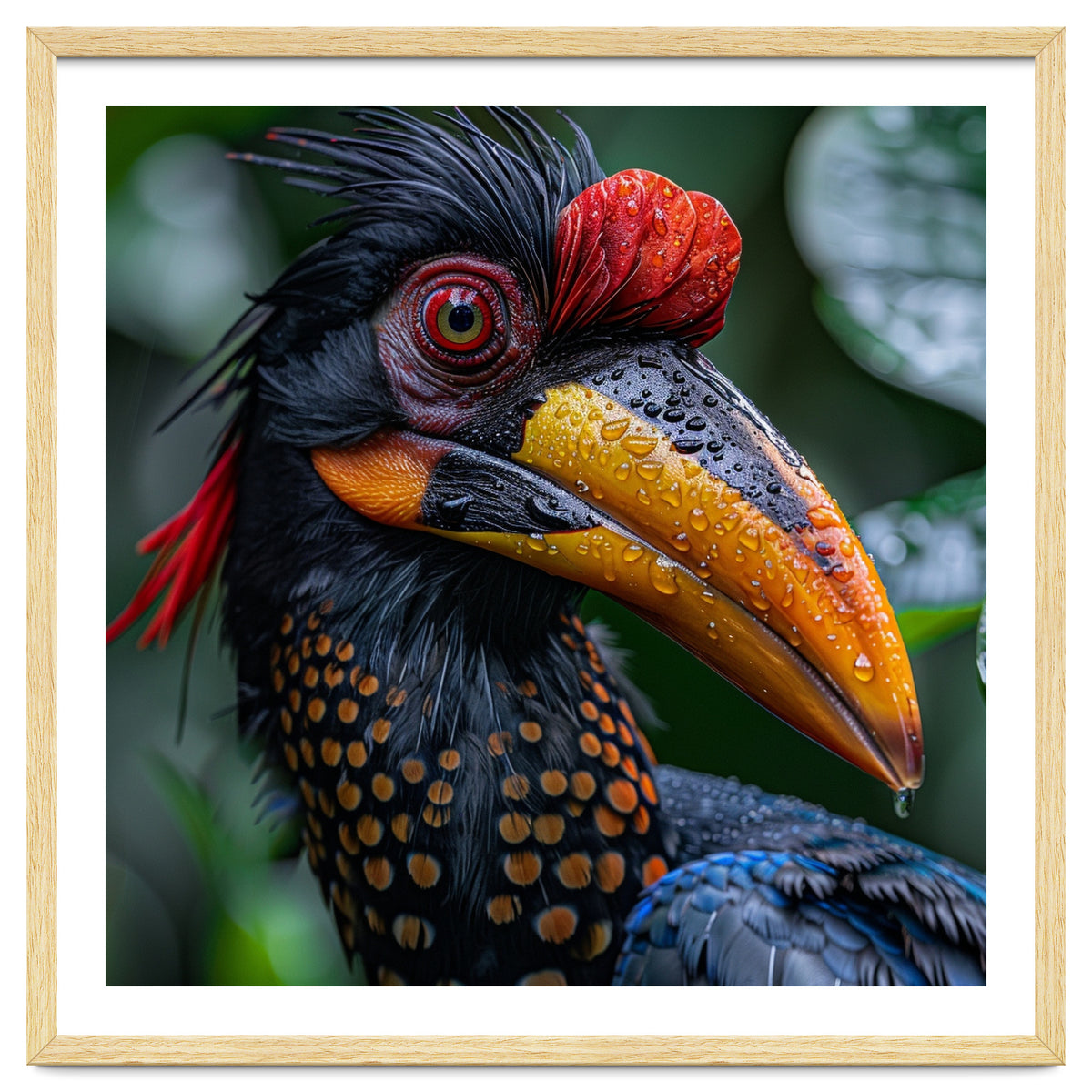 Close Up Of Helmeted Hornbill Bird In Rain