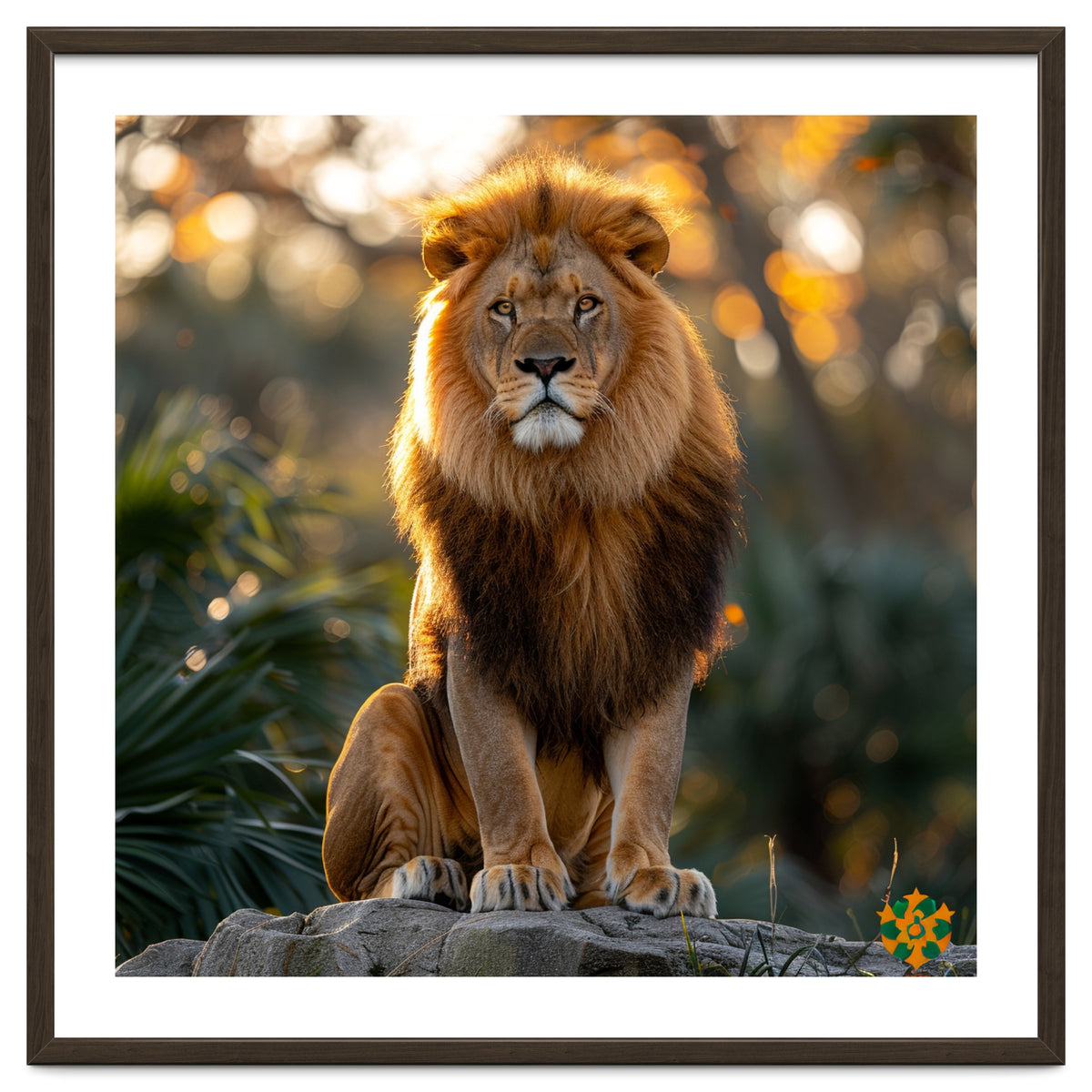 Majestic Lion Sitting On A Rock At Sunset