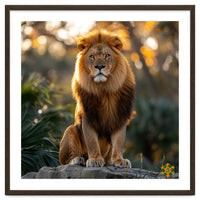 Majestic Lion Sitting On A Rock At Sunset