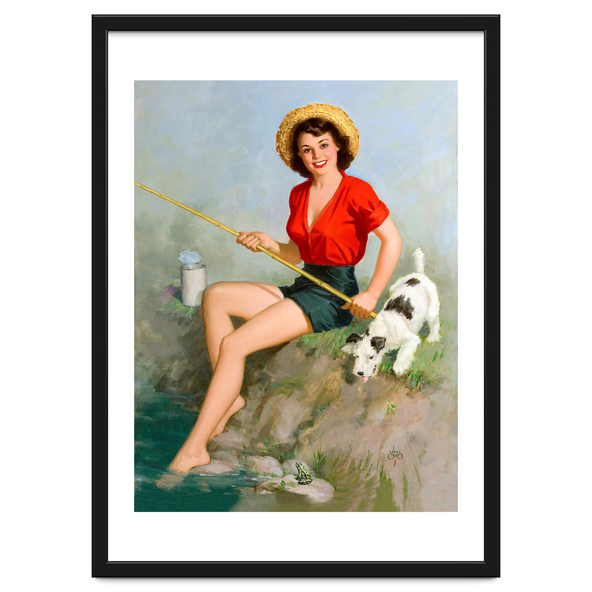 Pinup Girl Fishing With Her Dog