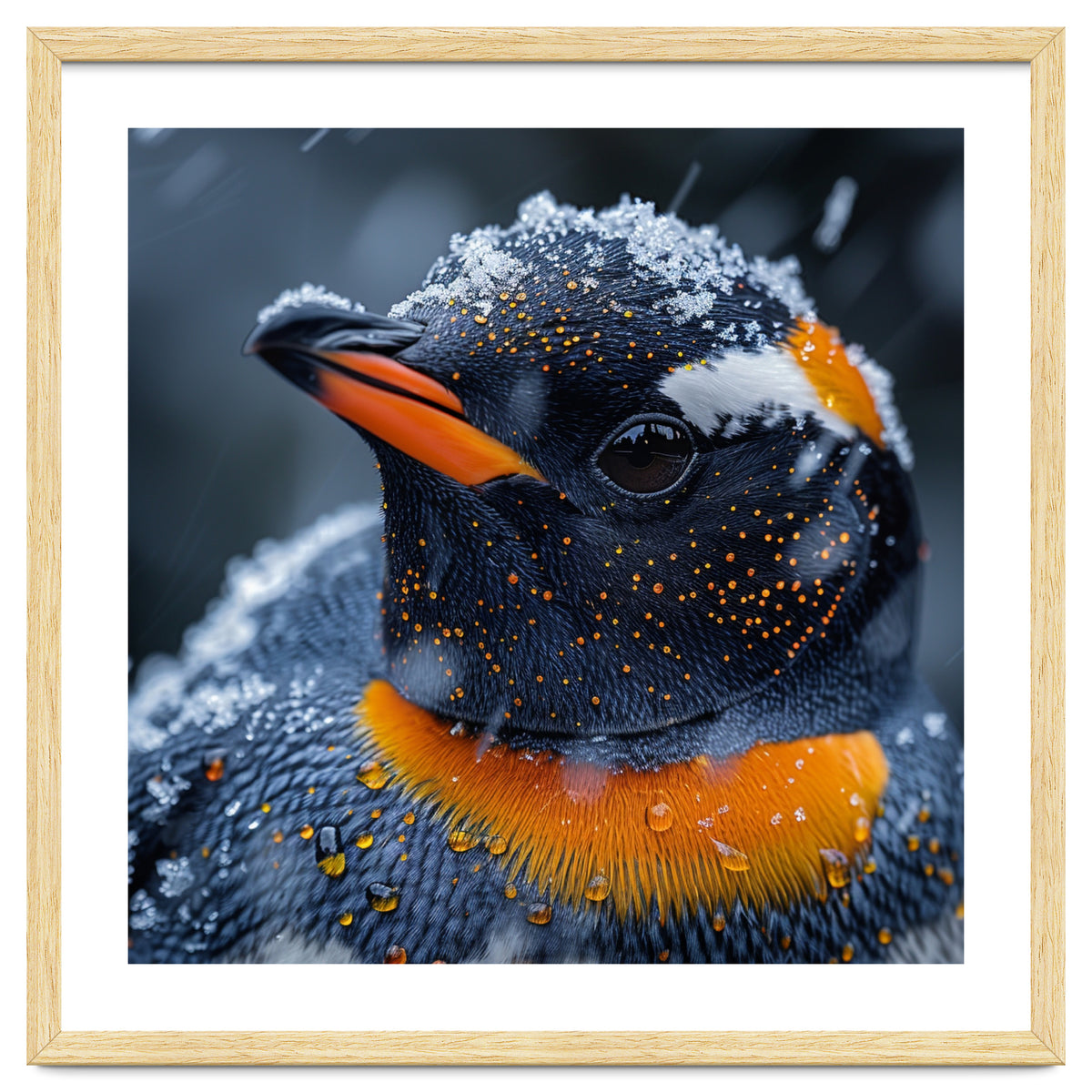 Close Up Penguin In Snow With Water Droplets