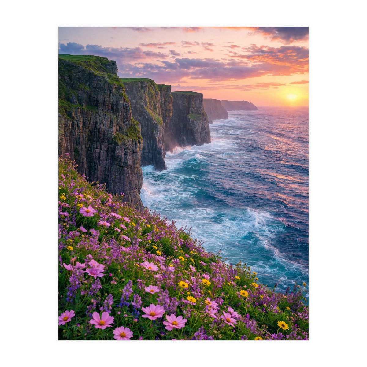 Coastal Sunset Wildflowers: Dramatic Ocean Cliffs and Floral Meadow (Print Only)