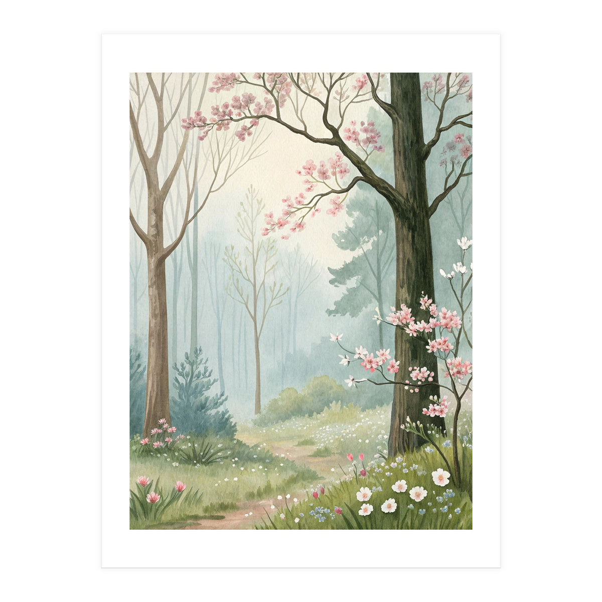 Enchanted Spring Woodland Path with Blooming Cherry Blossoms and Misty Pastel Forest Atmosphere (Print Only)