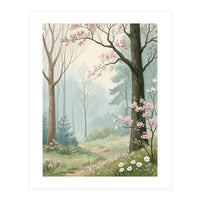 Enchanted Spring Woodland Path with Blooming Cherry Blossoms and Misty Pastel Forest Atmosphere (Print Only)