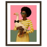 Stylish Woman Holding Goose In Striped Dress thumbnail