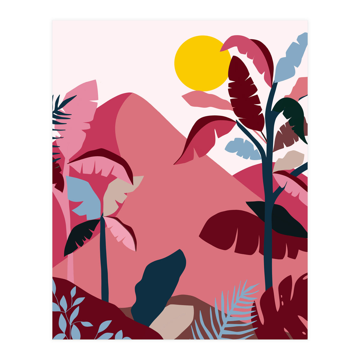 Tropical Sundowner, Pastel Jungle Botanical Nature, Summer Plants Palms Sunset, Mountain Landscape Travel Adventure (Print Only)