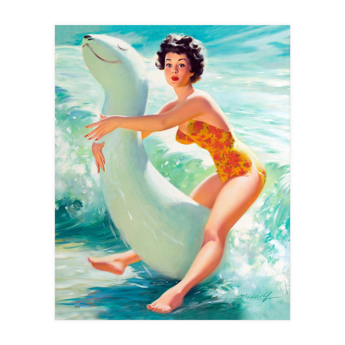 Happy Pinup Girl On The Beach Hugging Her Rubber Toy (Print Only)