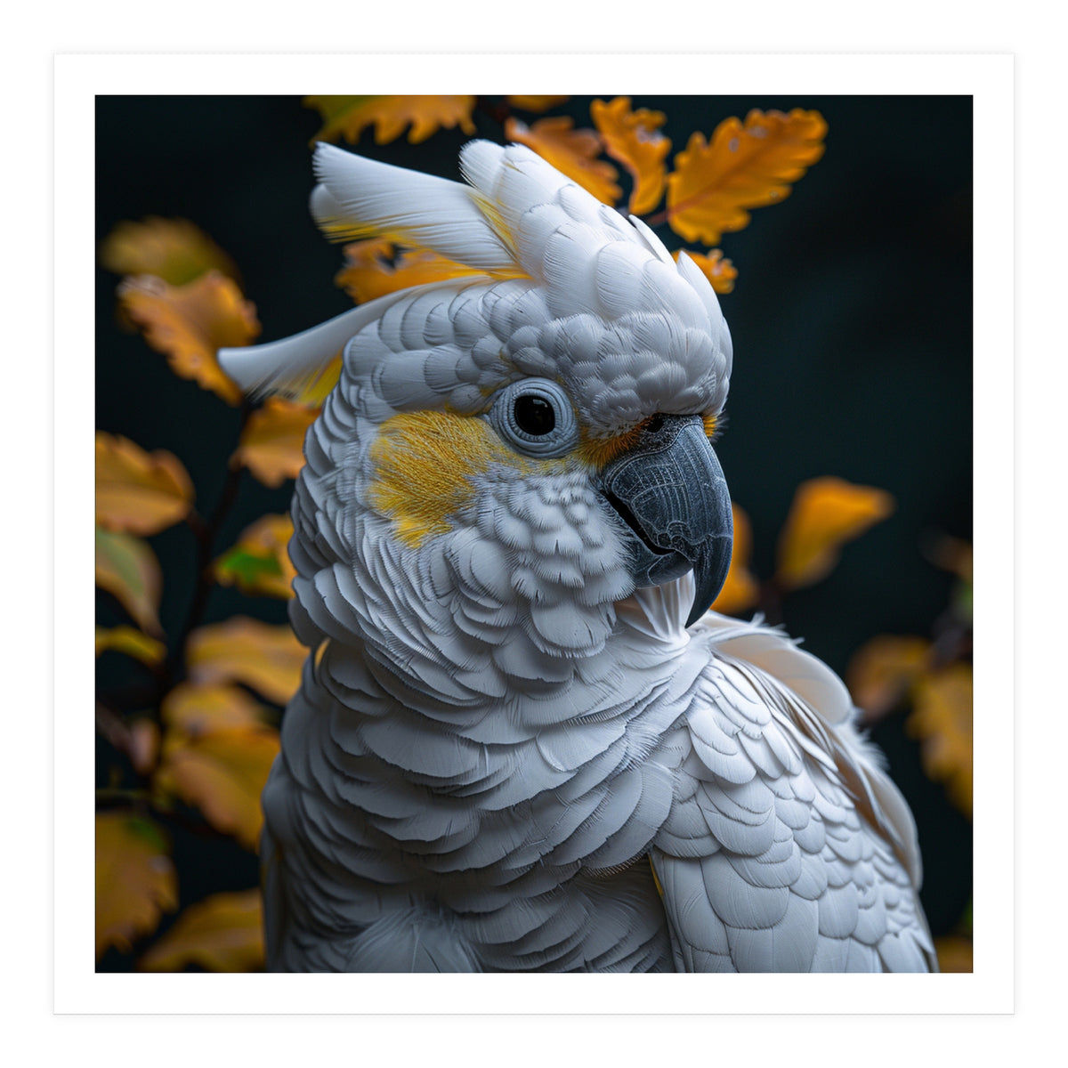 Yellow Crested Cockatoo Portrait Autumn Leaves Dark (Print Only)