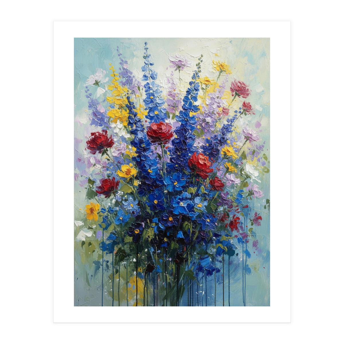 Vibrant Blue Delphinium and Red Rose Heavy Impasto Oil Painting (Print Only)