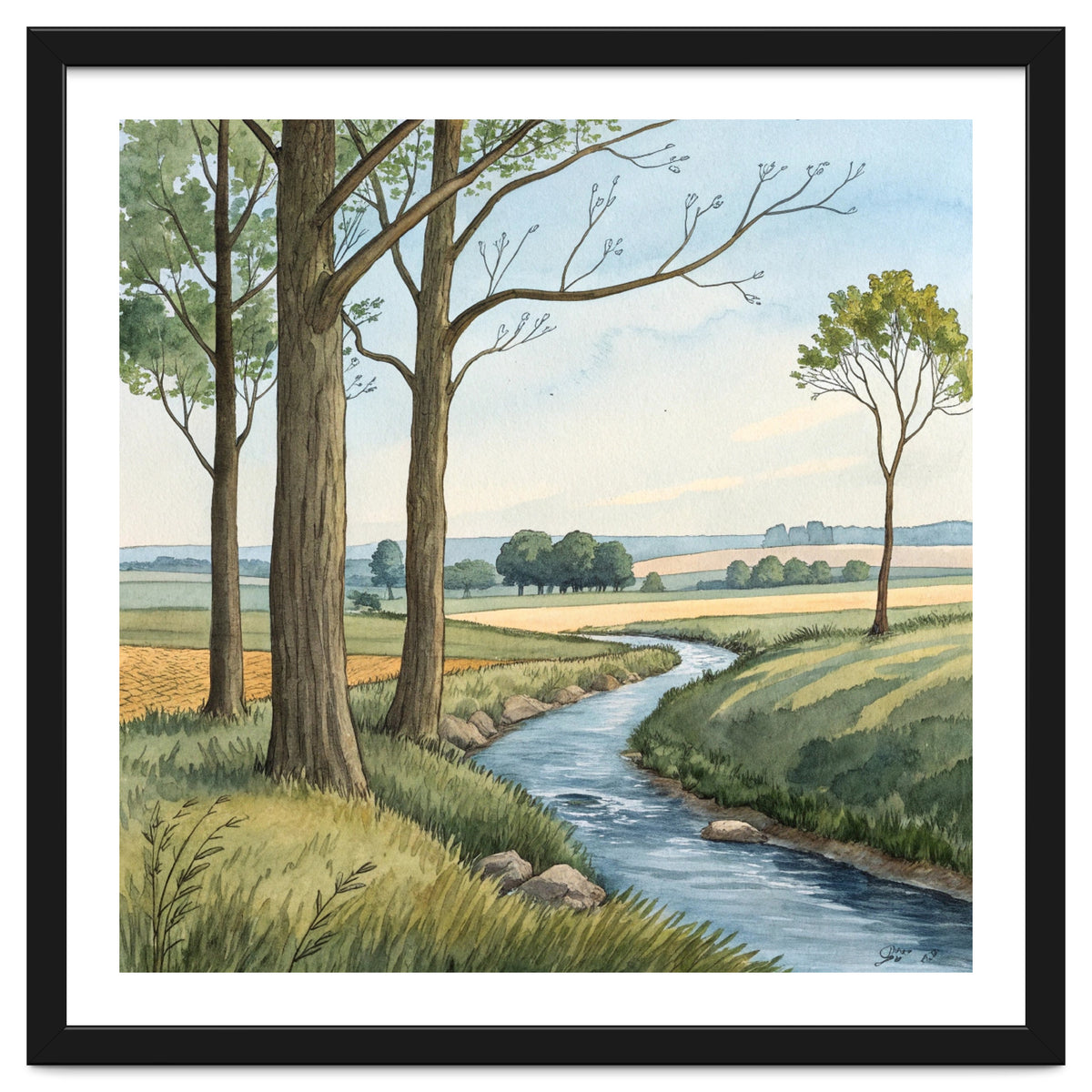 Pastoral Countryside Watercolor Painting with Winding Stream Meadows and Deciduous Trees Landscape