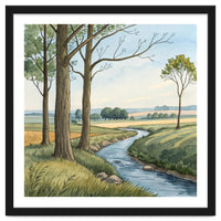 Pastoral Countryside Watercolor Painting with Winding Stream Meadows and Deciduous Trees Landscape
