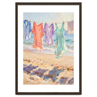 Laundry Drying by the Sea, Colorful Clothes on a Beach Clothesline, Coastal Summer Pastel Painting, Relaxing Ocean Shore Art Print