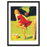 Pinup Girl In Red Dress Crossing The Barbed Wire While Looking At The Bull thumbnail