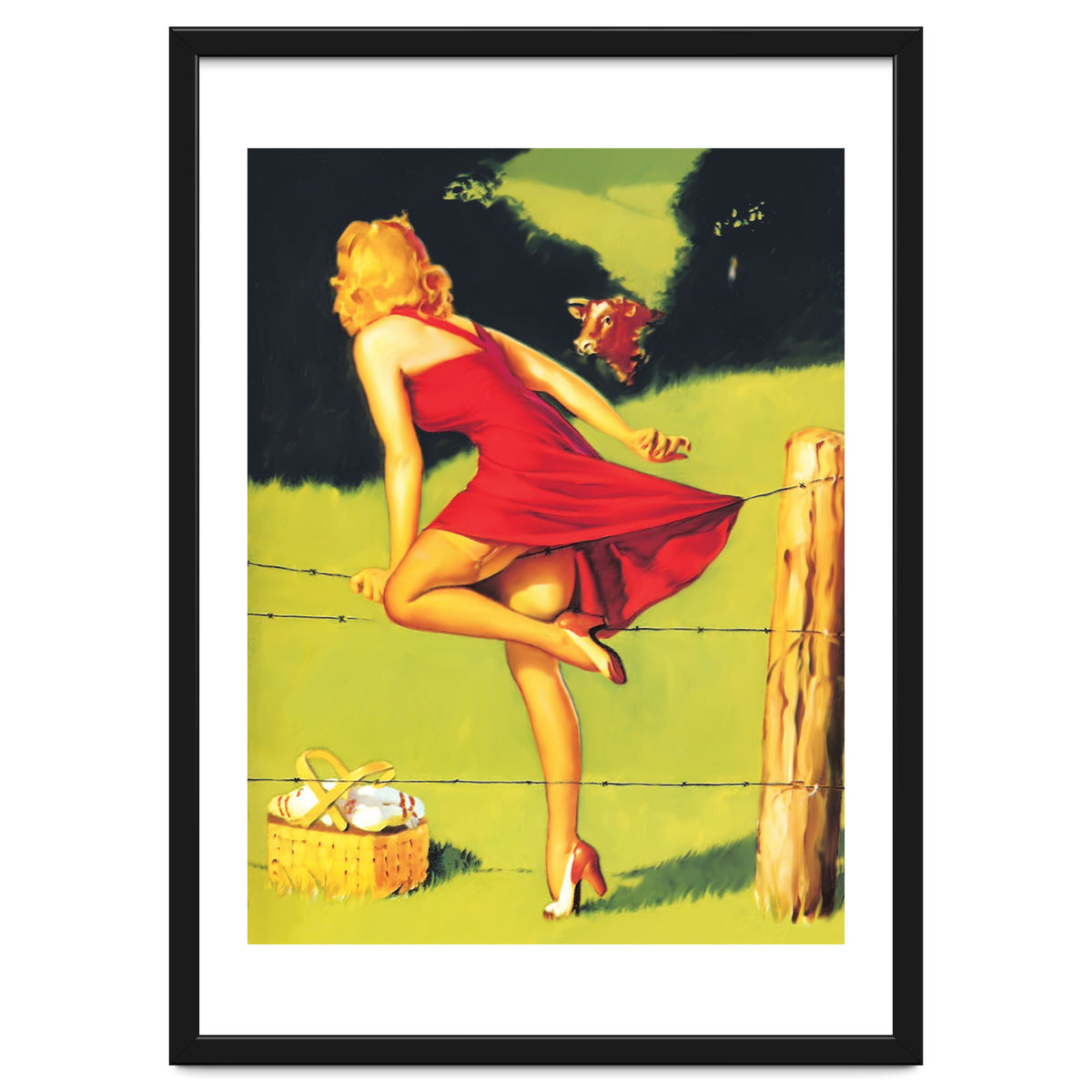 Pinup Girl In Red Dress Crossing The Barbed Wire While Looking At The Bull