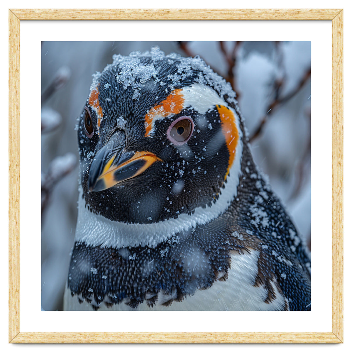 Penguin In Snow Falling Close Up Portrait