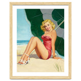 Sexy Pinup Girl On The Beach Under Big Sunshade thumbnail