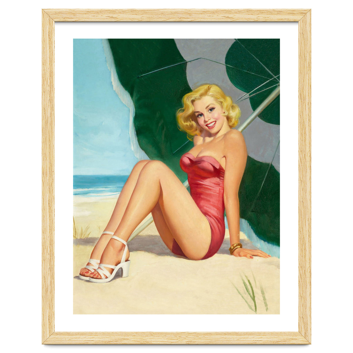 Sexy Pinup Girl On The Beach Under Big Sunshade
