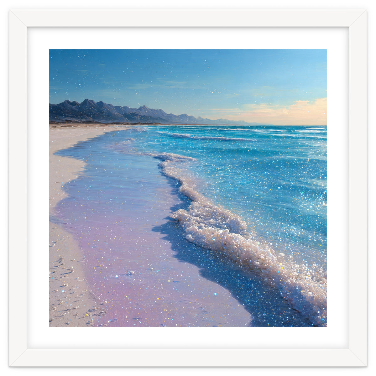 Sparkling Pastel Shoreline with Glittering Turquoise Waves