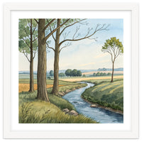 Pastoral Countryside Watercolor Painting with Winding Stream Meadows and Deciduous Trees Landscape