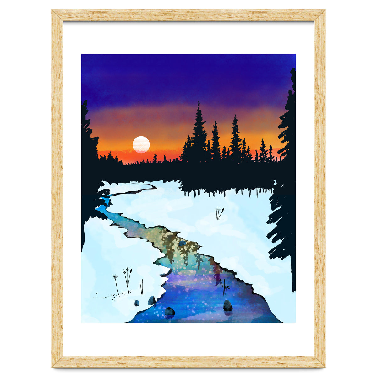 Purple Midnight, Snow River Full Moon Nature Landscape Painting, Winter Travel Adventure Places