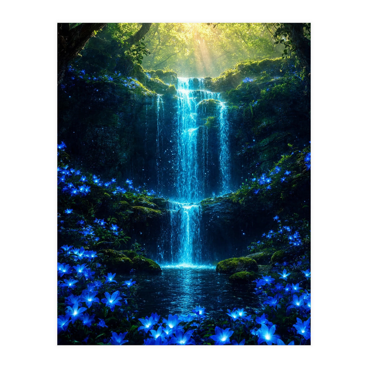 Ethereal Blue Waterfall: Magical Forest Oasis (Print Only)